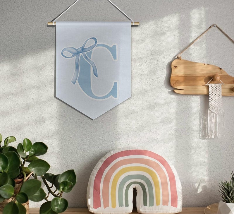 foedor initial Personalized Preppy Canvas Hanging Pennant Flag Banner, Coquette Bow Teen Girl Gifts,Trendy Cute Monogrammed Gifts Wall Decor for Women Teen Girl Nursery bedroom(blue C) - Image 3